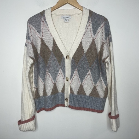 Rachel Zoe Academia Argyle Preppy Cardigan Sweater Size S Neutral Long Sleeve - Picture 12 of 12